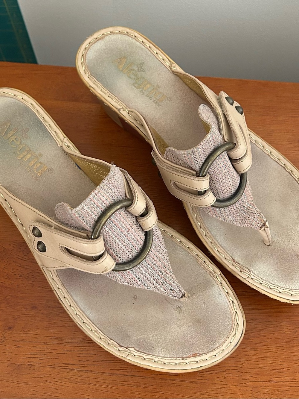 Alegria Beige Leather Ring-Accent Thong Sandals with Textured Fabric